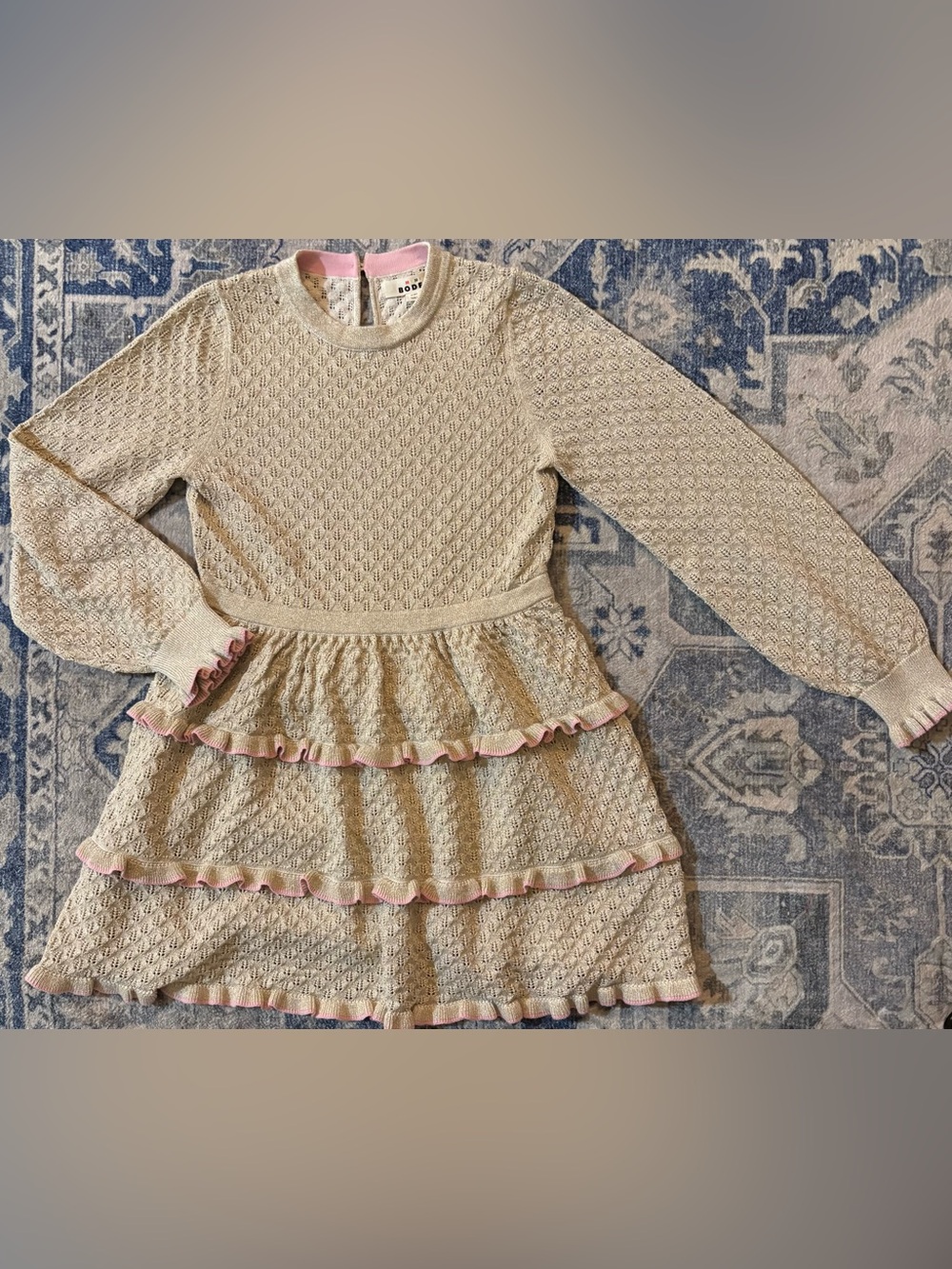Mini Boden Cream Knit Tiered Dress with Pink Trim